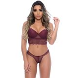 Conjunto 1/2 Taça Cropped Calcinha Fio Dental Em Renda