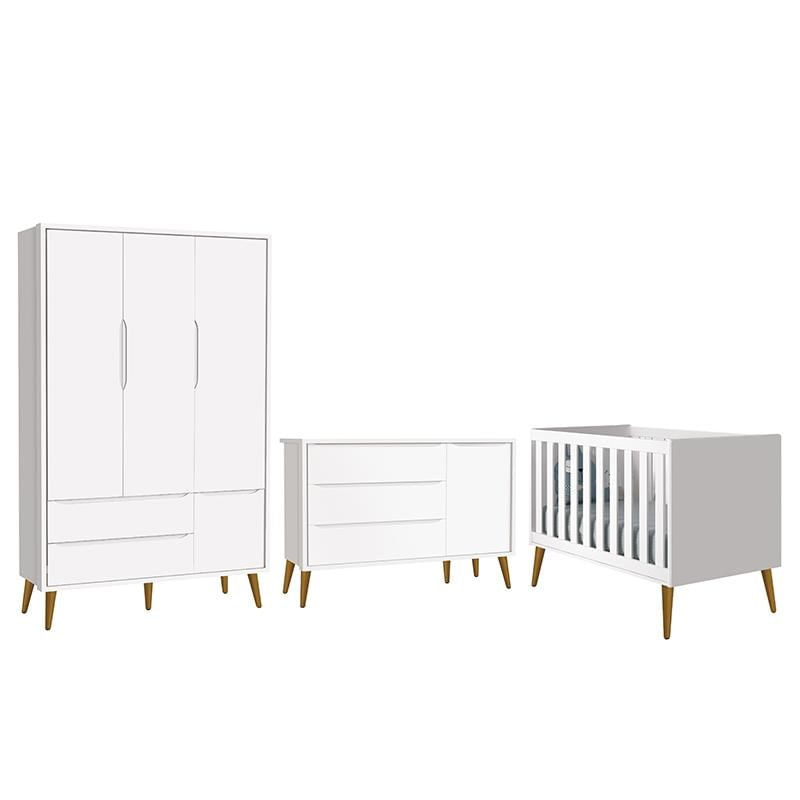 Dormitório Infantil Theo Retrô 3 Portas, Cômoda 1 Porta E Berço Branco Com Pés Amadeirado - Reller Móveis