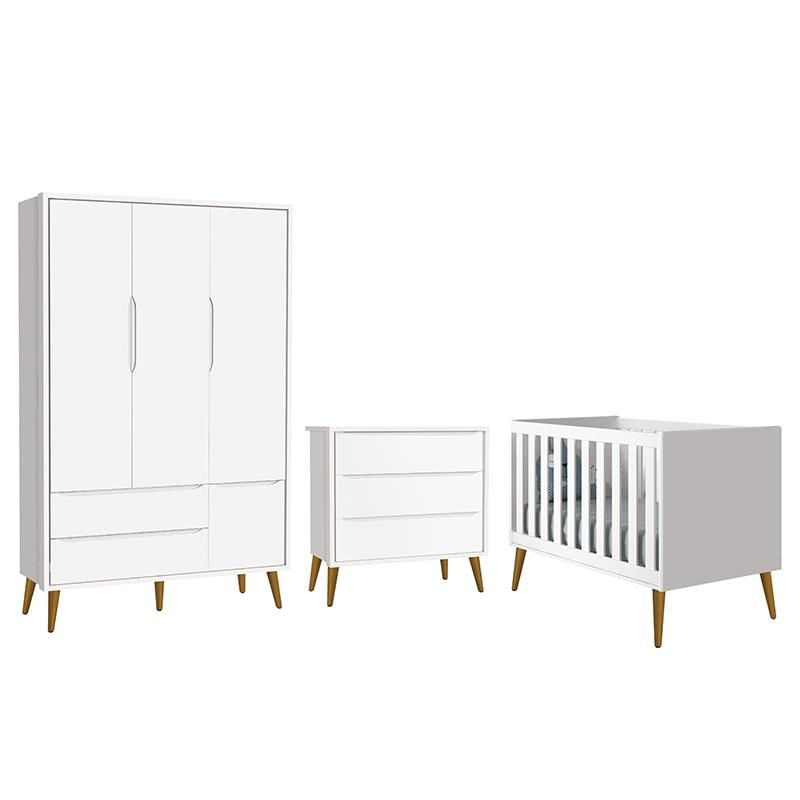 Dormitório Infantil Theo Retrô 3 Portas, Cômoda E Berço Branco Com Pés Amadeirado - Reller Móveis