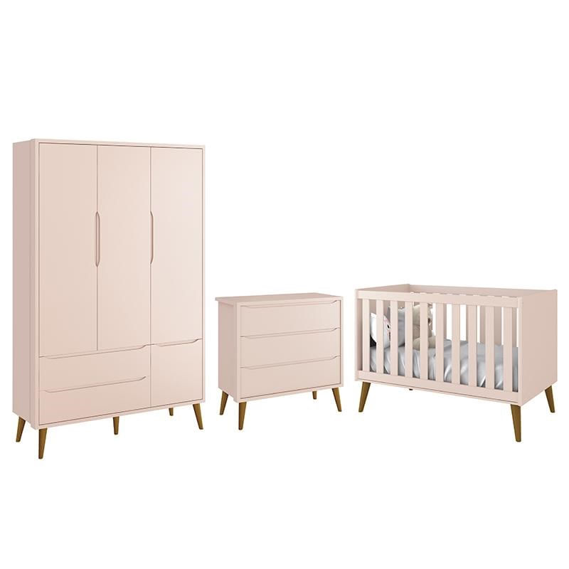 Dormitório Infantil Theo Retrô 3 Portas, Cômoda E Berço Rosa Com Pés Amadeirado - Reller Móveis