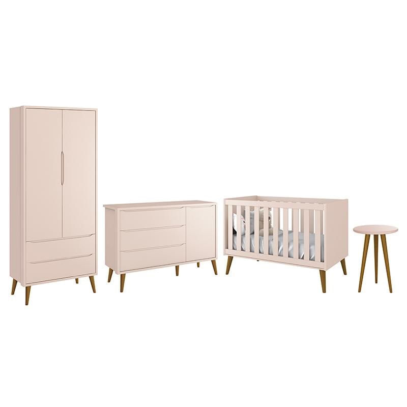 Dormitório Infantil Theo Retrô 2 Portas, Cômoda 1 Porta, Berço E Mesa De Apoio Rosa Com Pés Amadeirado - Reller Móveis