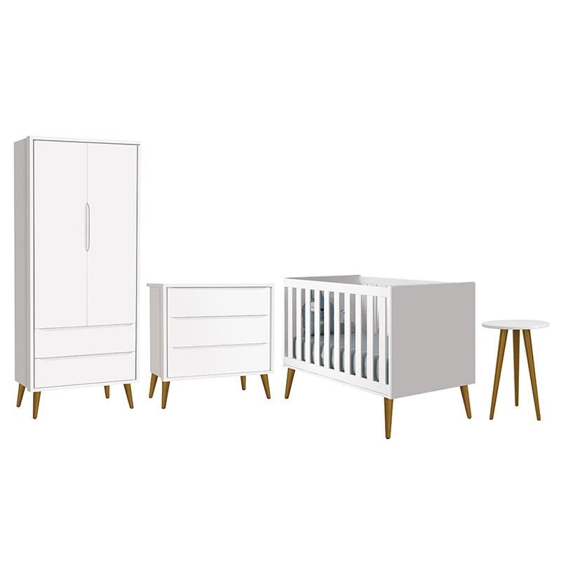 Dormitório Infantil Theo Retrô 2 Portas, Cômoda, Berço E Mesa De Apoio Branco Com Pés Amadeirado - Reller Móveis