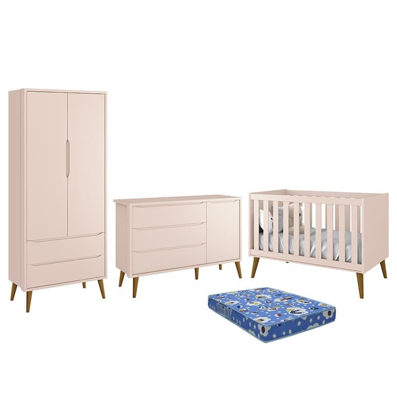 Dormitório Infantil Theo Retrô 2 Portas, Cômoda 1 Porta, Berço Rosa Com Pés Amadeirado E Colchão - Reller Móveis