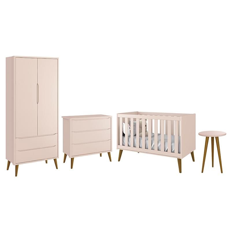 Dormitório Infantil Theo Retrô 2 Portas, Cômoda, Berço E Mesa De Apoio Rosa Com Pés Amadeirado - Reller Móveis
