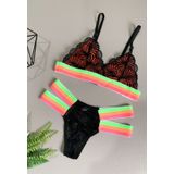 Conjunto Lingerie Sem Bojo Calcinha Sutiã Renda Neon Tiras Elástico