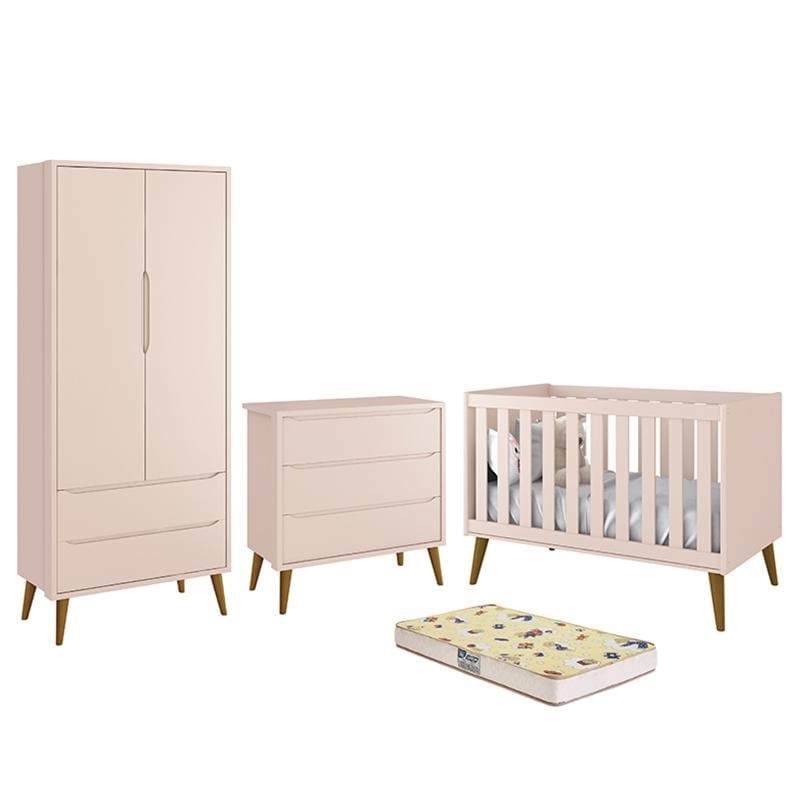 Dormitório Infantil Theo Retrô 2 Portas, Cômoda, Berço Rosa Com Pés Amadeirado E Colchão D18 - Relle