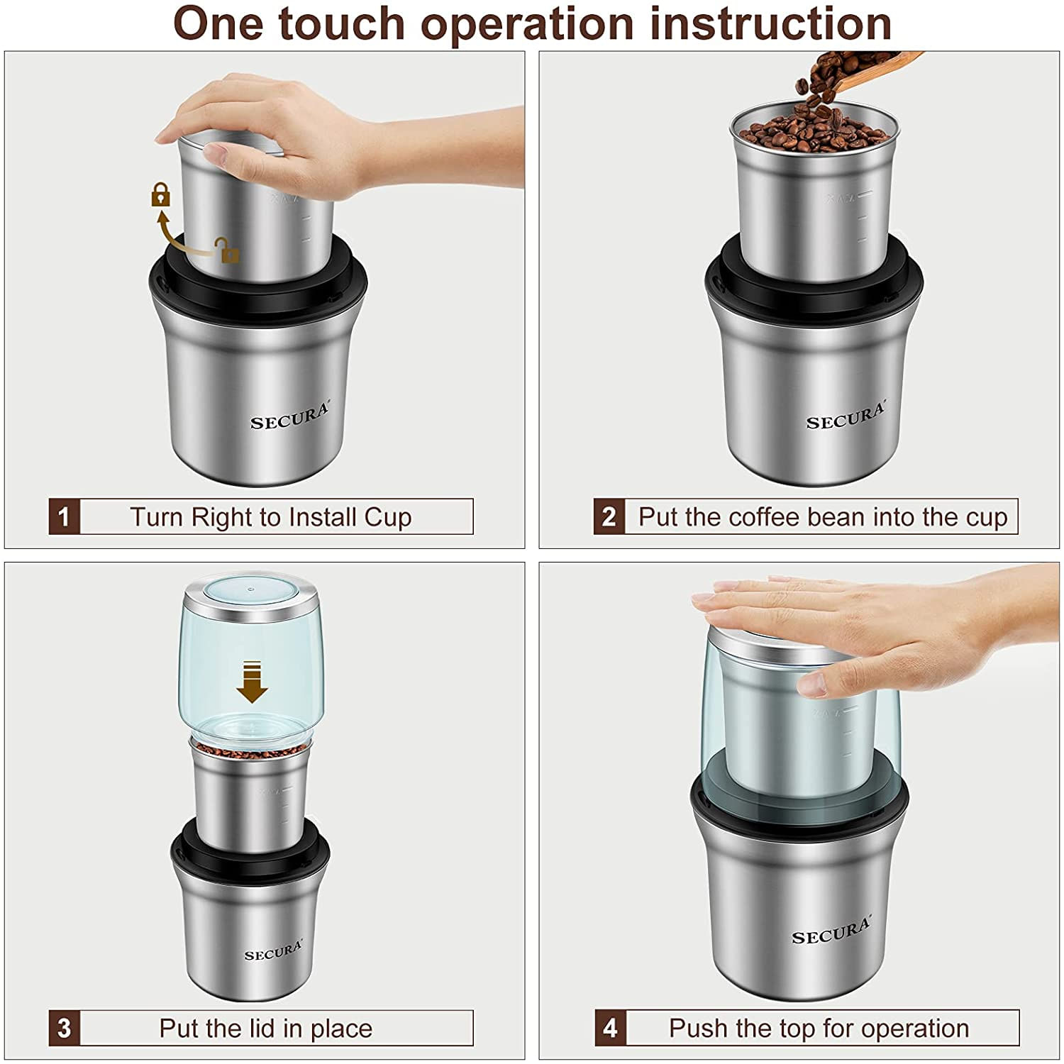 Secura Coffee Grinder Electric, 2.5oz/75g Grande Capacidade Spice