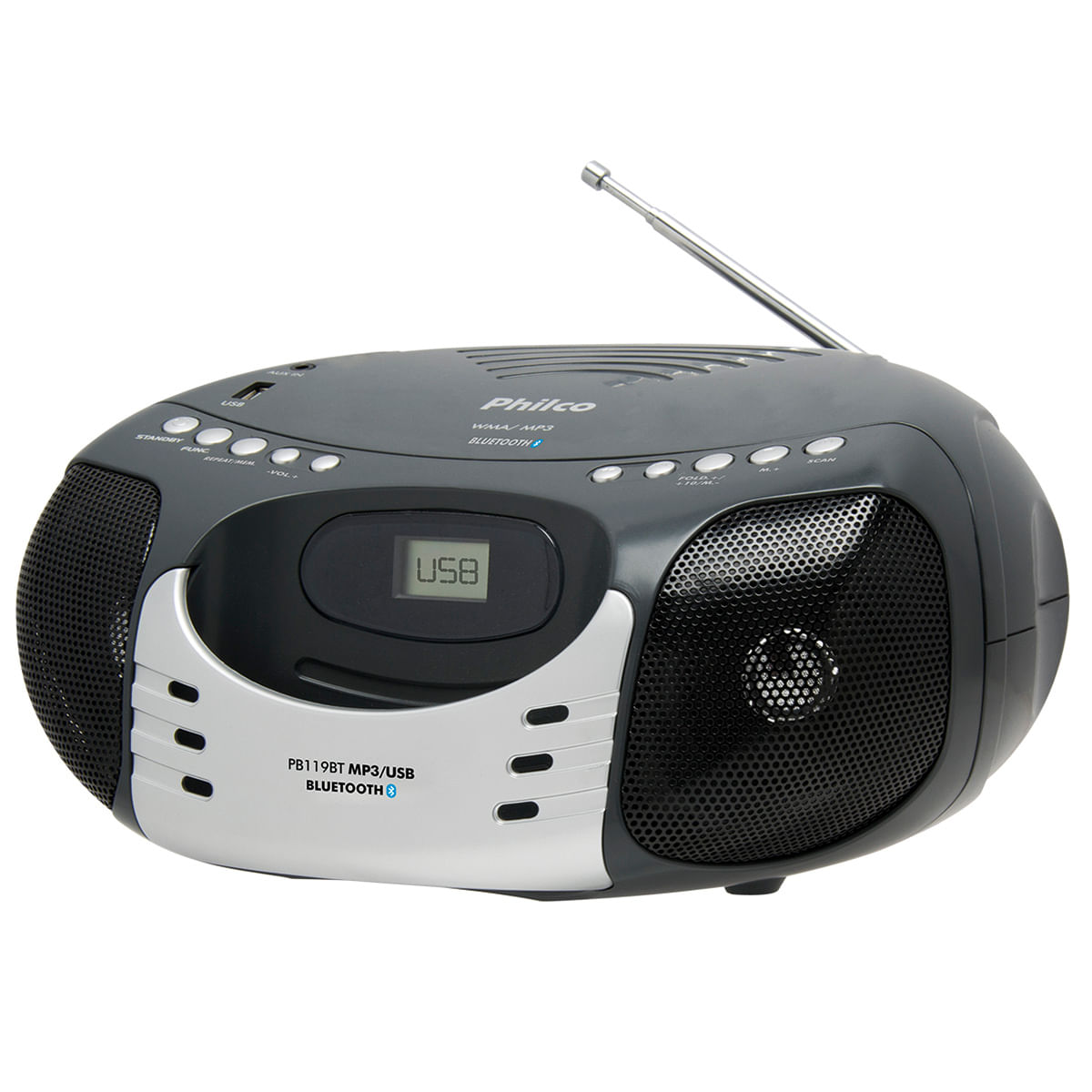 Som Portátil Philco PB119BT Rádio FM Reproduz MP3, WMA Com Conexão USB e Bluetooth 5W RMS Bivolt Preto