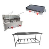 Kit Lanchonete Mesa De Manipulação 190x70cm + Fritadeira A Gás 2 Cuba + Chapa A Gás 60cm Alcamar