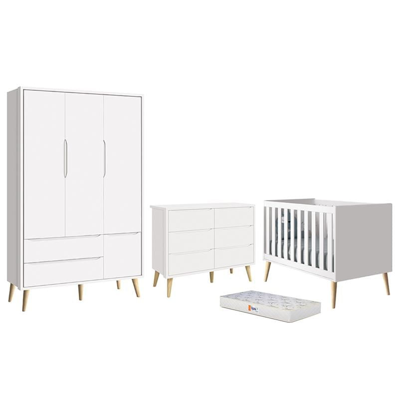 Dormitório Completo Infantil Theo 3 Portas, Cômoda 6 Gavetas, Berço Branco Fosco Com Pés Madeira Natural e Colchão D18 - Reller Móveis