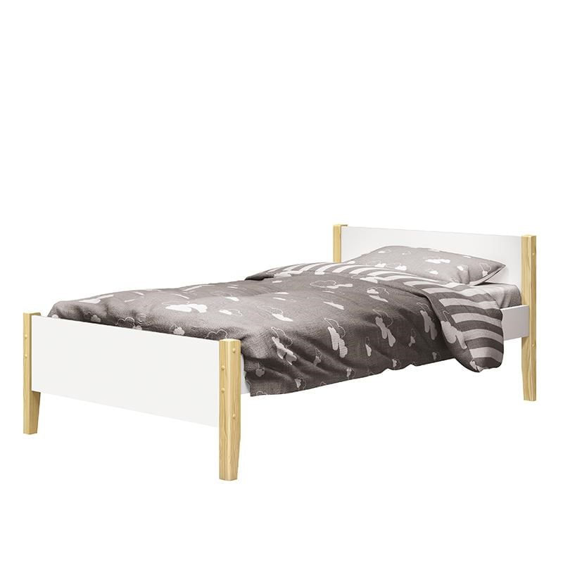 Cama Solteiro Simba Branco Fosco Com Pés Madeira Natural - Reller Móveis