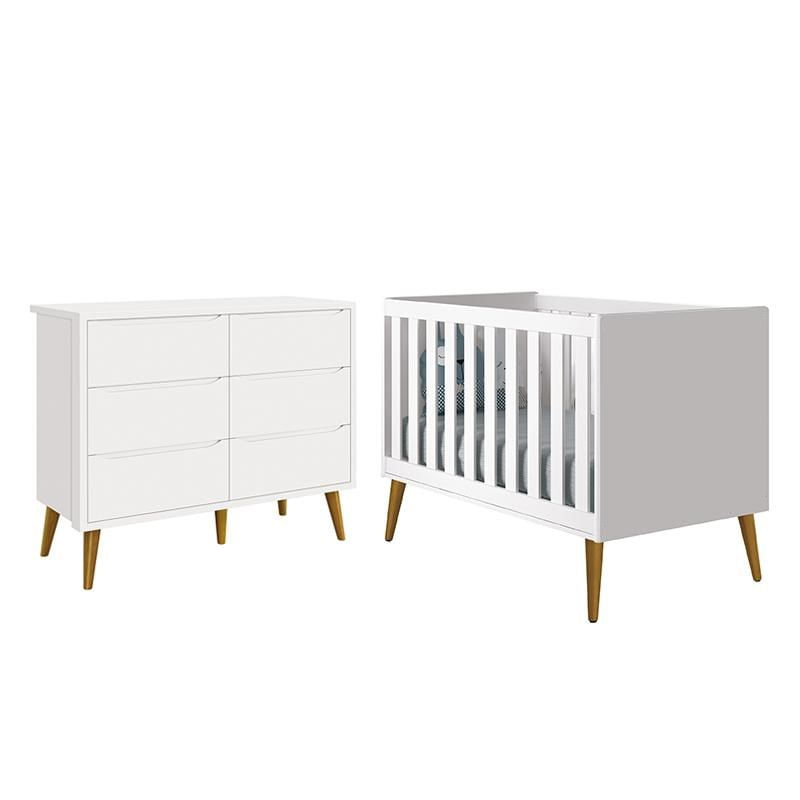 Jogo De Quarto Infantil Theo Cômoda 6 Gavetas E Berço Branco Fosco Com Pés Amadeirado - Reller Móveis