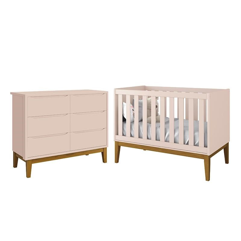 Jogo De Quarto Infantil Classic Cômoda 6 Gavetas E Berço Rosa Fosco Com Pés Amadeirado - Reller Móveis