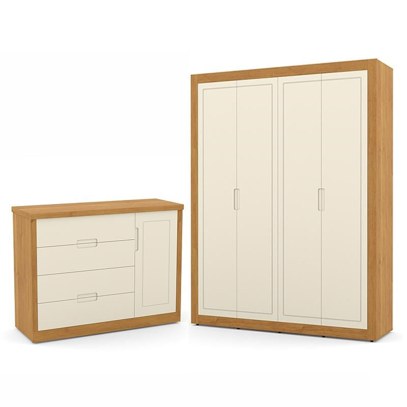 Jogo De Quarto Infantil Com Guarda Roupa 4 Portas E Cômoda Tutto New Off White/freijó - Matic Móveis