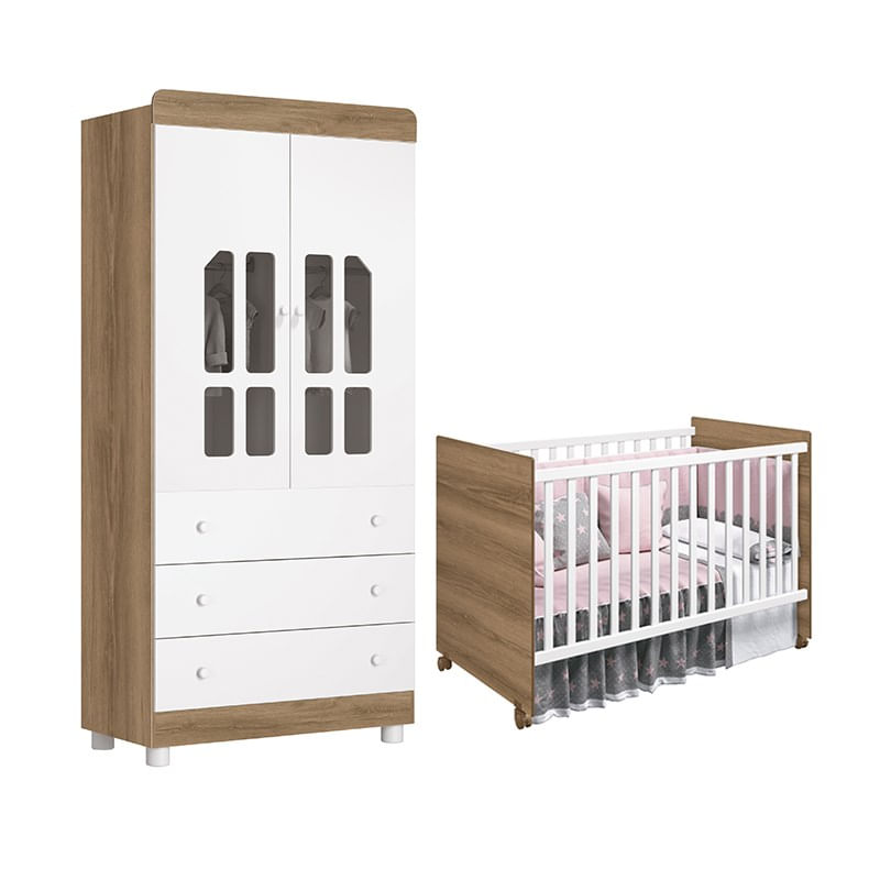 Quarto Infantil Com Guarda Roupa 2 Portas Katatau E Berço Tico Branco/mezzo - Reller Móveis