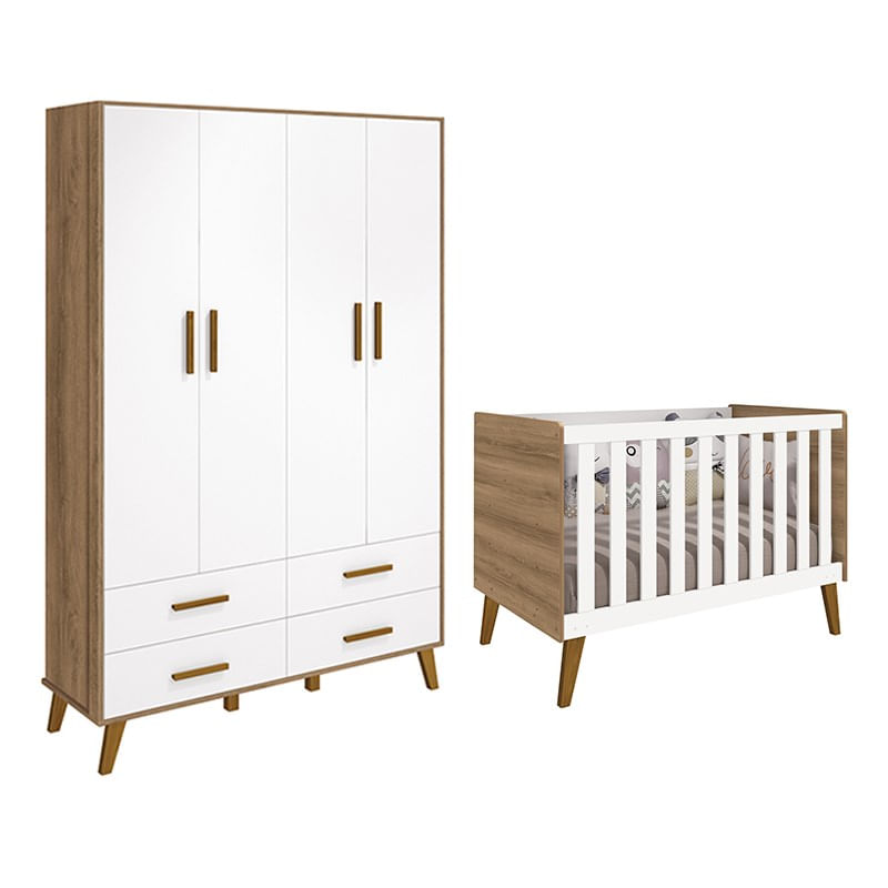 Quarto Infantil Retrô Ayla Com Guarda Roupa E Berço Branco Fosco/mezzo Fosco - Reller Móveis