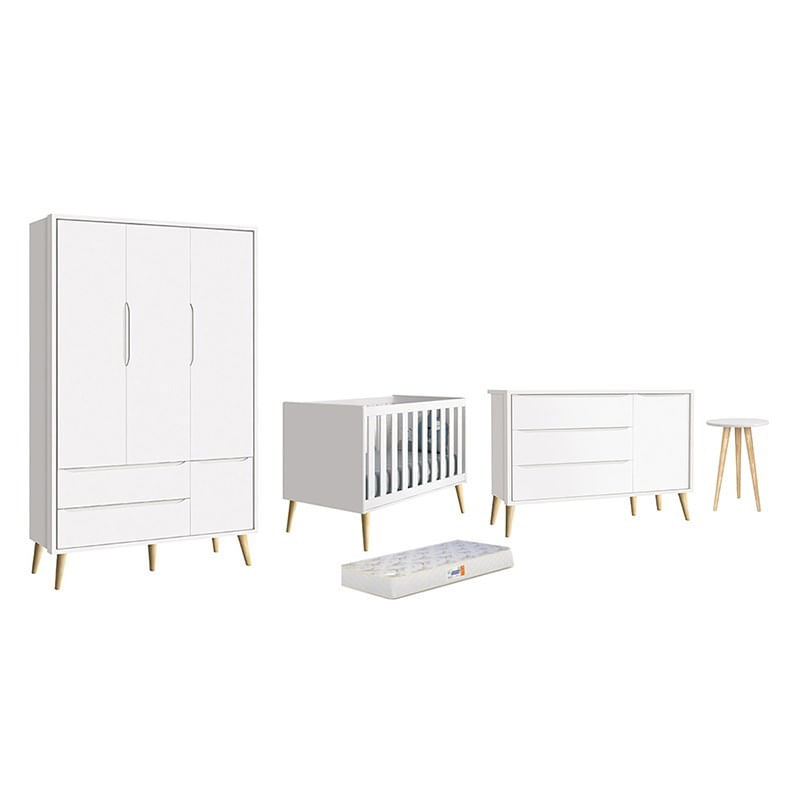 Dormitório Theo 3 Portas, Mesa De Canto Branco Com Pés Madeira Natural E Colchão D18 - Reller Móveis