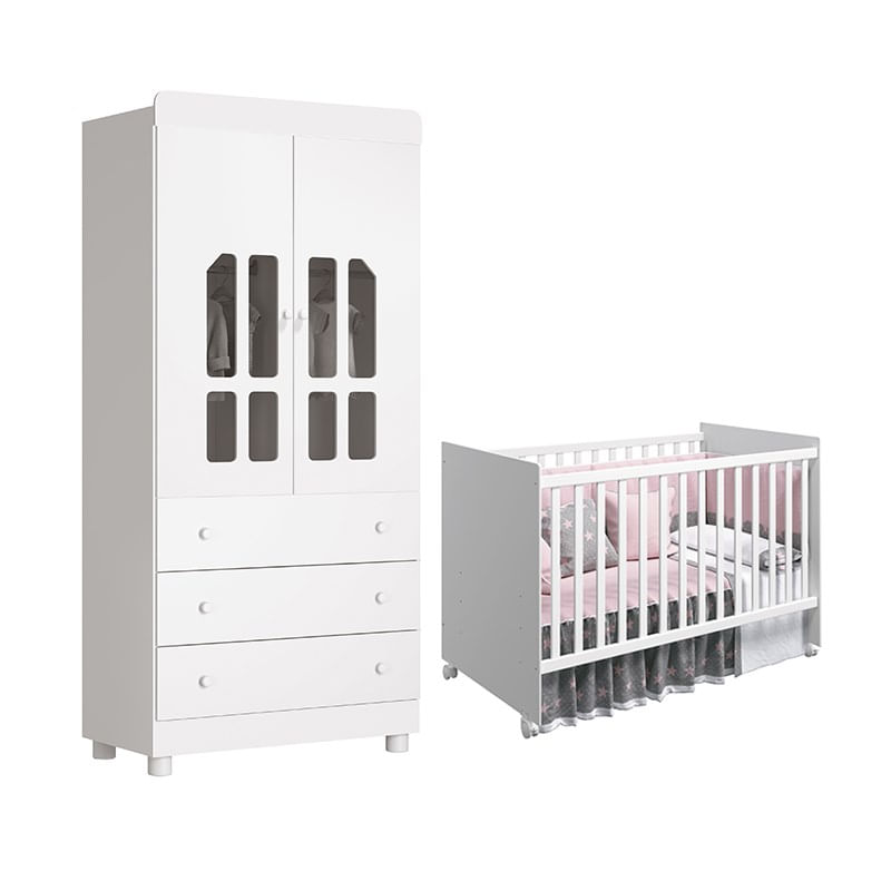 Quarto Infantil Com Guarda Roupa 2 Portas Katatau E Berço Mel Branco Brilho - Reller Móveis