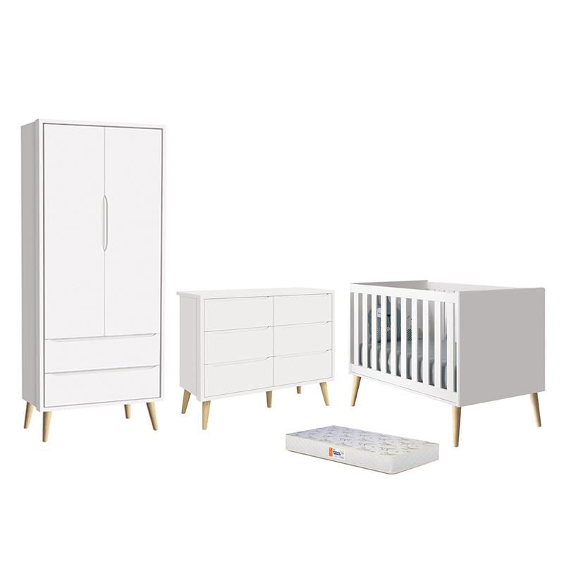 Dormitório Completo Infantil Theo 2 Portas, Cômoda 6 Gavetas, Berço Branco Fosco Com Pés Madeira Natural e Colchão D18 - Reller Móveis