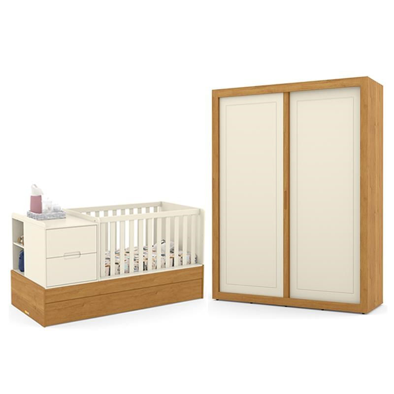 Jogo De Quarto Infantil Tutto New Com Guarda Roupa 2 Portas De Correr E Berço Multifuncional Formare Off White/freijó - Matic Móveis