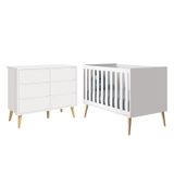 Jogo De Quarto Infantil Theo Cômoda 6 Gavetas E Berço Branco Fosco Com Pés Madeira Natural - Reller Móveis