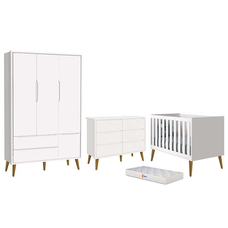 Dormitório Completo Infantil Theo 3 Portas, Cômoda 6 Gavetas, Berço Branco Fosco Com Pés Amadeirado E Colchão D18 - Reller Móveis