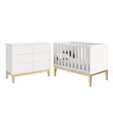 Jogo De Quarto Infantil Classic Cômoda 6 Gavetas E Berço Branco Fosco Com Pés Madeira Natural - Reller Móveis