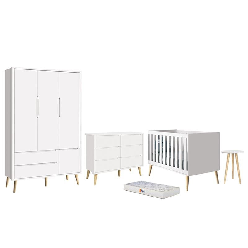 Dormitório Infantil Theo 3 Portas, Cômoda 6 Gavetas, Berço, Mesa De Canto Branco Fosco Com Pés Madeira Natural e Colchão - Reller Móveis