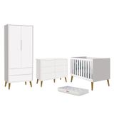 Dormitório Completo Infantil Theo 2 Portas, Cômoda 6 Gavetas, Berço Branco Fosco Com Pés Amadeirado E Colchão D18 - Reller Móveis