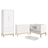 Dormitório Completo Infantil Classic 2 Portas, Cômoda 6 Gavetas, Berço Branco Fosco Com Pés Madeira Natural E Colchão D18 - Reller Móveis
