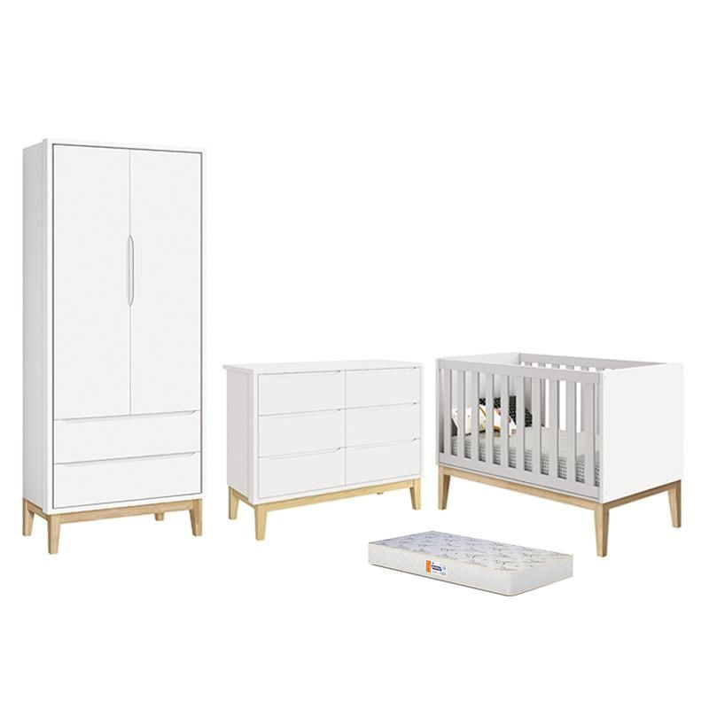 Dormitório Completo Infantil Classic 2 Portas, Cômoda 6 Gavetas, Berço Branco Fosco Com Pés Madeira Natural E Colchão D18 - Reller Móveis