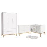 Dormitório Completo Infantil Classic 3 Portas, Cômoda 6 Gavetas, Berço Branco Fosco Com Pés Madeira Natural e Colchão D18 - Reller Móveis