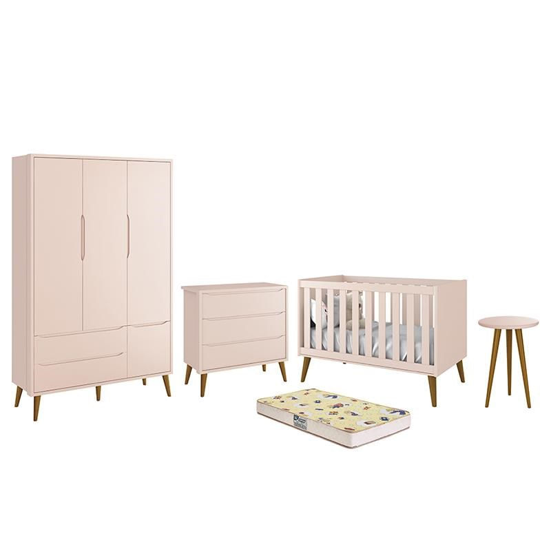 Dormitório Infantil Theo Retrô 3 Portas, Cômoda, Berço, Mesa De Apoio Rosa Com Pés Amadeirado E Colchão D18 - Reller Móveis