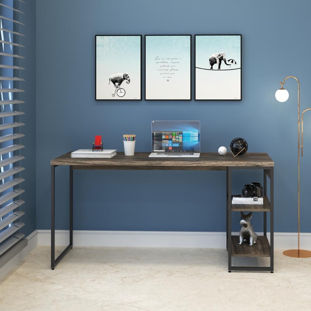 Mesa C/estante Baixa 150x64x75cm C/02 Prateleiras Carvalho Dark / Est.preta