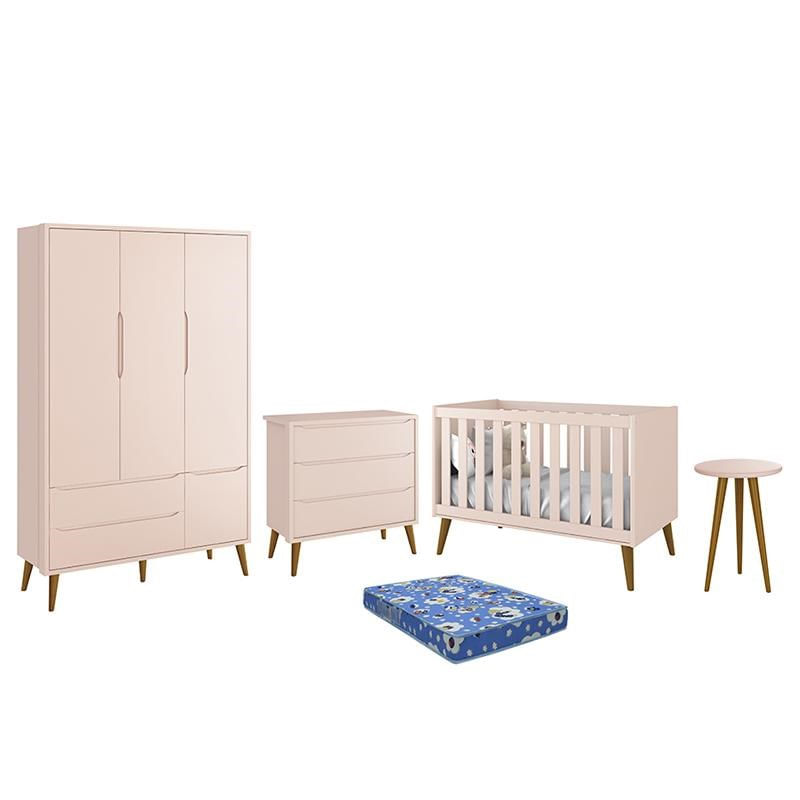 Dormitório Infantil Theo Retrô 3 Portas, Cômoda, Berço, Mesa De Apoio Rosa Com Pés Amadeirado E Colc
