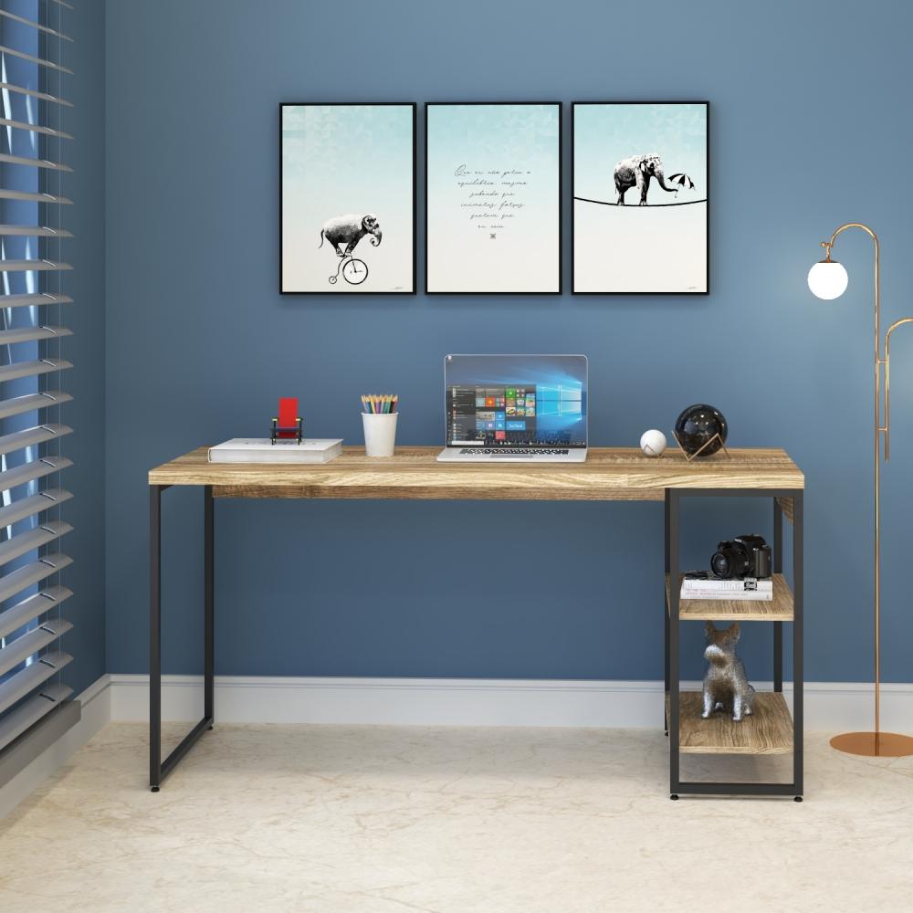 Mesa C/estante Baixa 150x64x75cm C/02 Prateleiras Carvalho / Est.preta