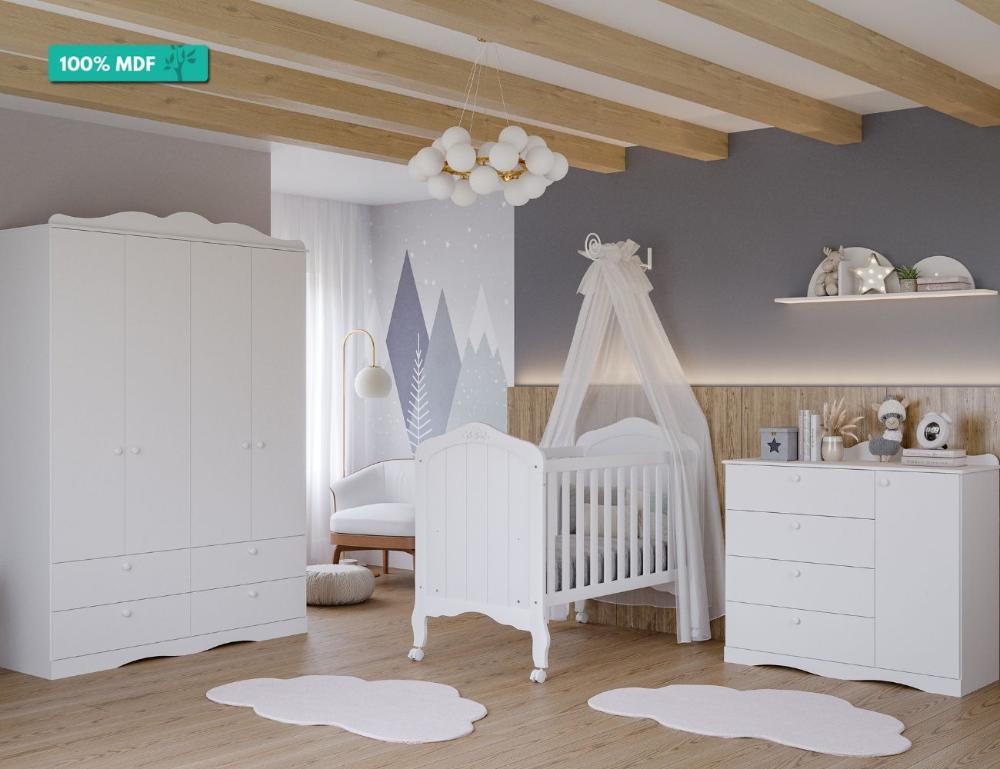 Quarto De Bebê Completo Com Berço Mini Cama Harmonia, Cômoda 1 Porta E Guarda Roupa 4 Portas Encanto Permobili Branco