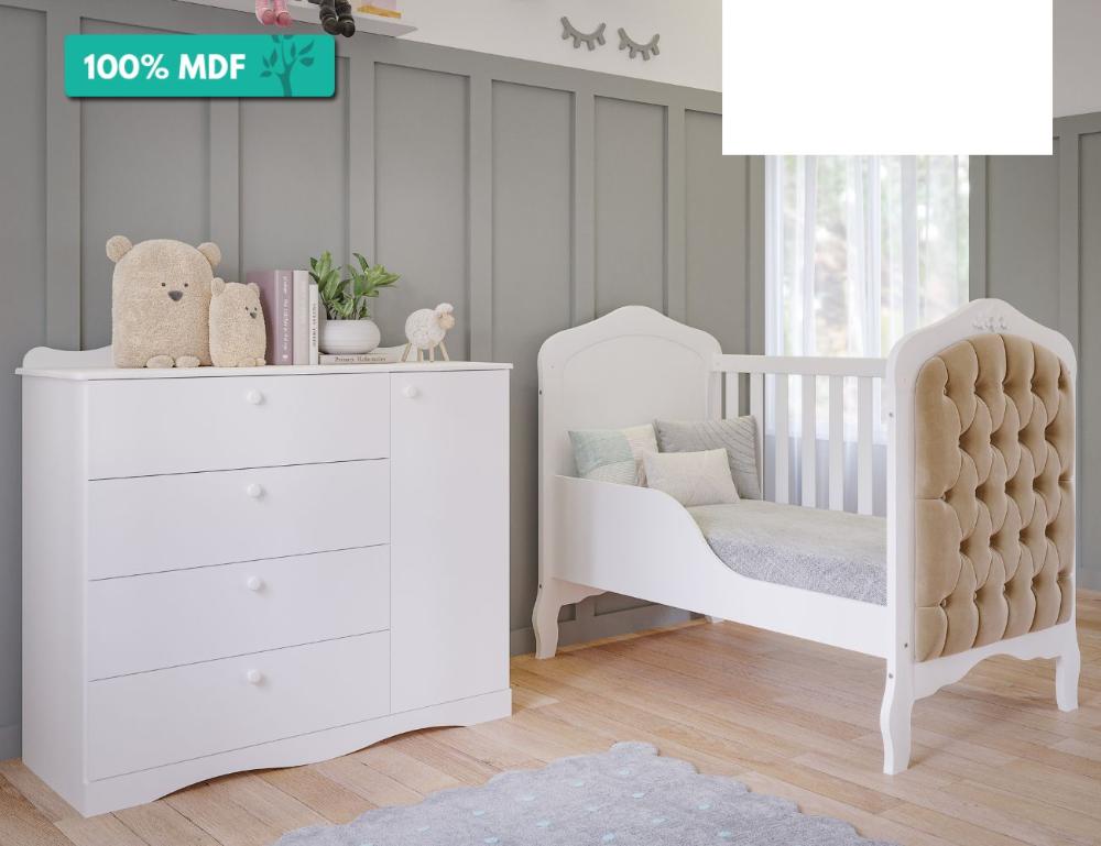 Quarto De Bebê Berço Mini Cama Com Capitone Harmonia E Cômoda Encanto 1 Porta 4 Gavetas Encanto Permobili Branco