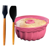 Kit  Forma De Bolo Silicone Com Furo + Pincel Culinário Silicone + Espátula Pão Duro Silicone