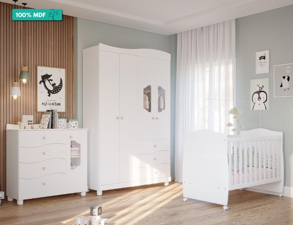 Quarto De Bebê Completo Com Berço Mini Cama Conforto, Cômoda 1 Porta E Guarda Roupa 4 Portas Riso Permobili Branco