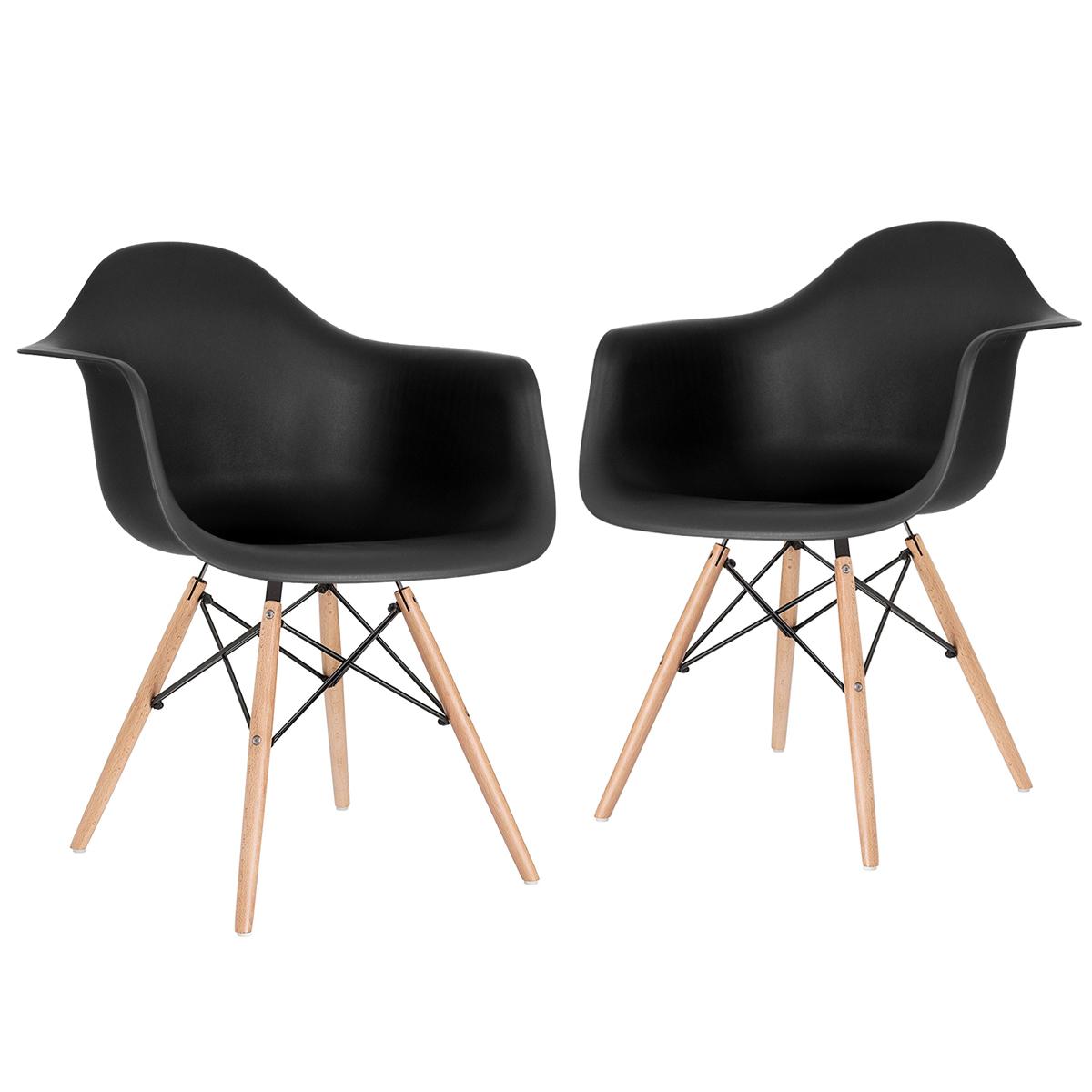 Kit - 2 X Cadeiras Charles Eames Eiffel Daw Com Braços - Base De Madeira Clara - Preto