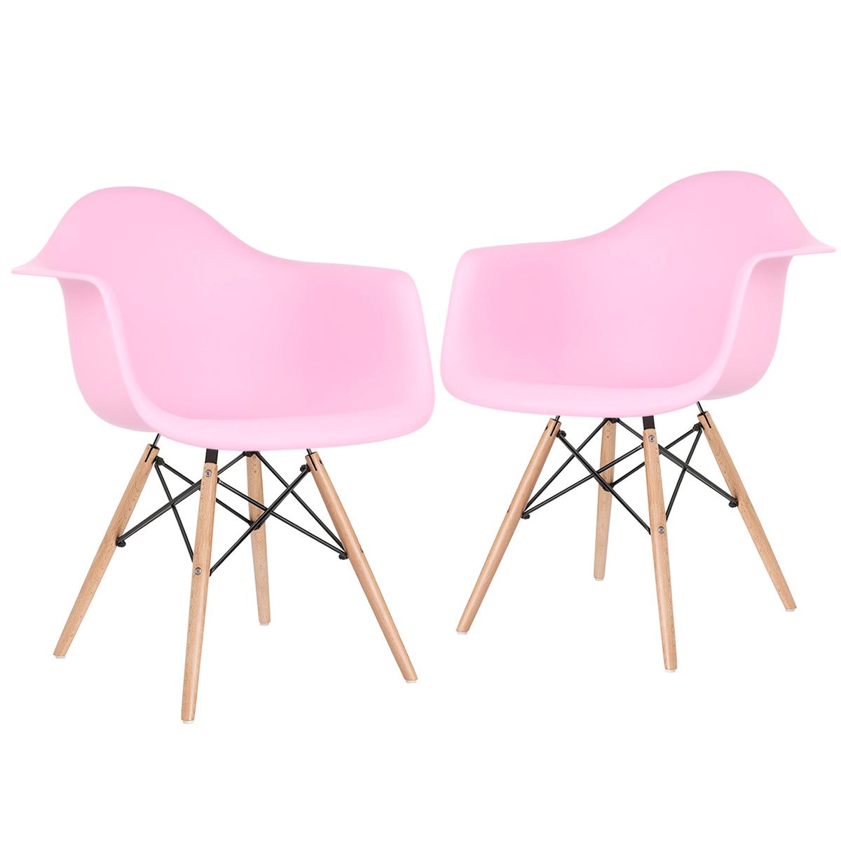 Kit - 2 X Cadeiras Charles Eames Eiffel Daw Com Braços - Base De Madeira Clara - Rosa