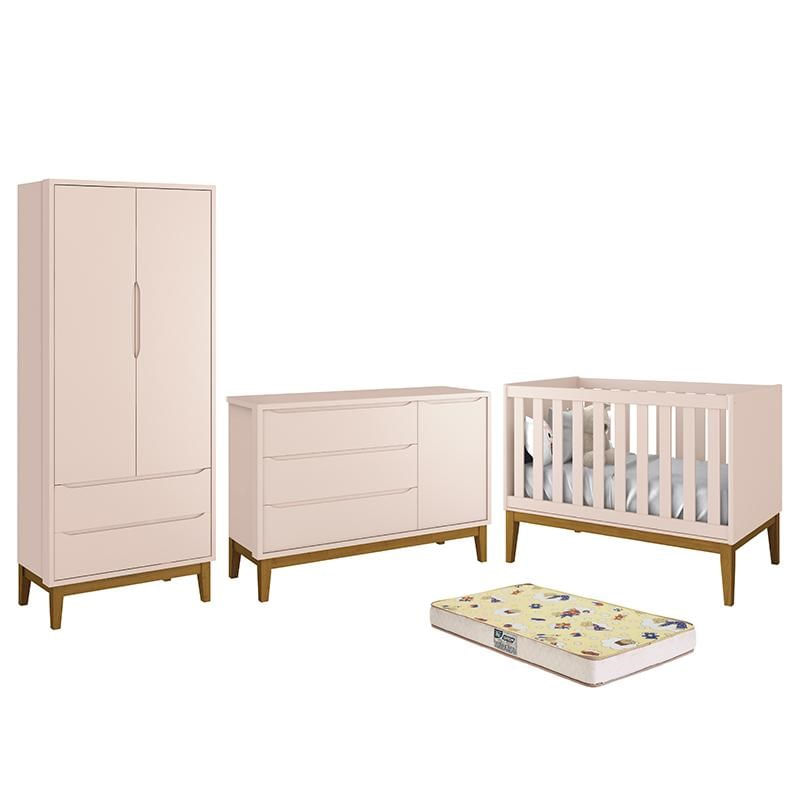 Dormitório Infantil Classic 2 Portas, Cômoda 1 Porta, Berço Rosa Com Pés Amadeirado E Colchão D18 - Reller Móveis