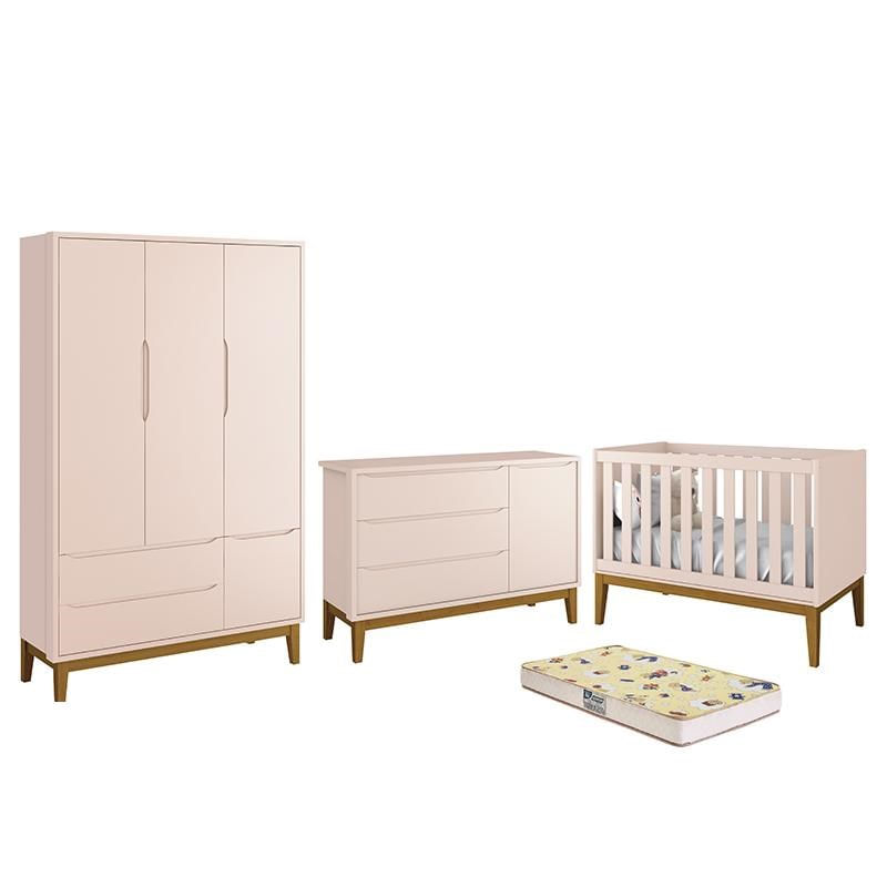 Dormitório Infantil Classic 3 Portas, Cômoda 1 Porta, Berço Rosa Com Pés Amadeirado E Colchão D18 - Reller Móveis