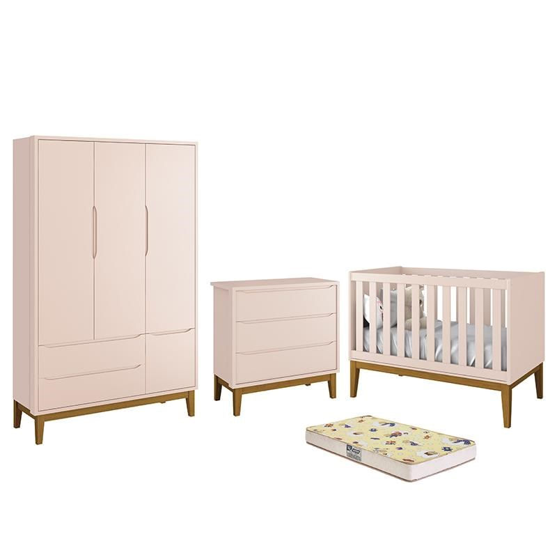 Dormitório Infantil Classic 3 Portas, Cômoda, Berço Rosa Com Pés Amadeirado E Colchão D18 - Reller Móveis
