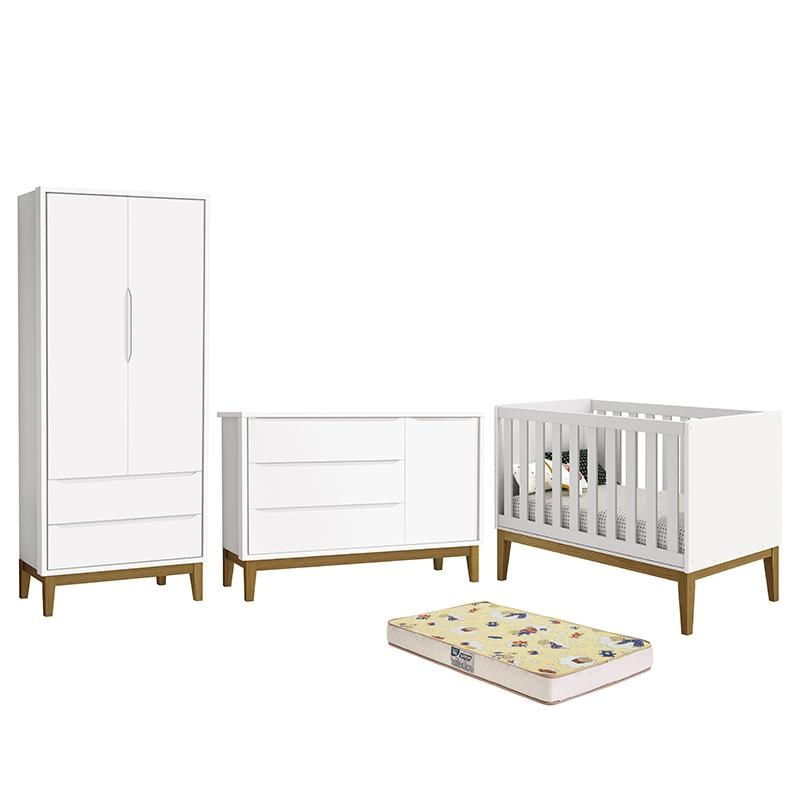 Dormitório Infantil Classic 2 Portas, Cômoda 1 Porta, Berço Branco Com Pés Amadeirado E Colchão D18 - Reller Móveis
