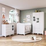 Conjuto Quarto De Bebê Completo Com Guarda Roupa 3 Portas Cômoda Com Janelas E Berço Americano Mimo Espresso Móveis Branco Brilho