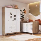 Conjunto Quarto De Bebê Completo Com Berço Americano E Guarda Roupa 4 Portas Com Janelas Mimo Espresso Móveis Branco Brilho/carvalho