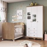 Conjunto Quarto De Bebê Completo Com Berço Americano E Guarda Roupa 3 Portas Com Janelas Mimo Espresso Móveis Branco Brilho/carvalho