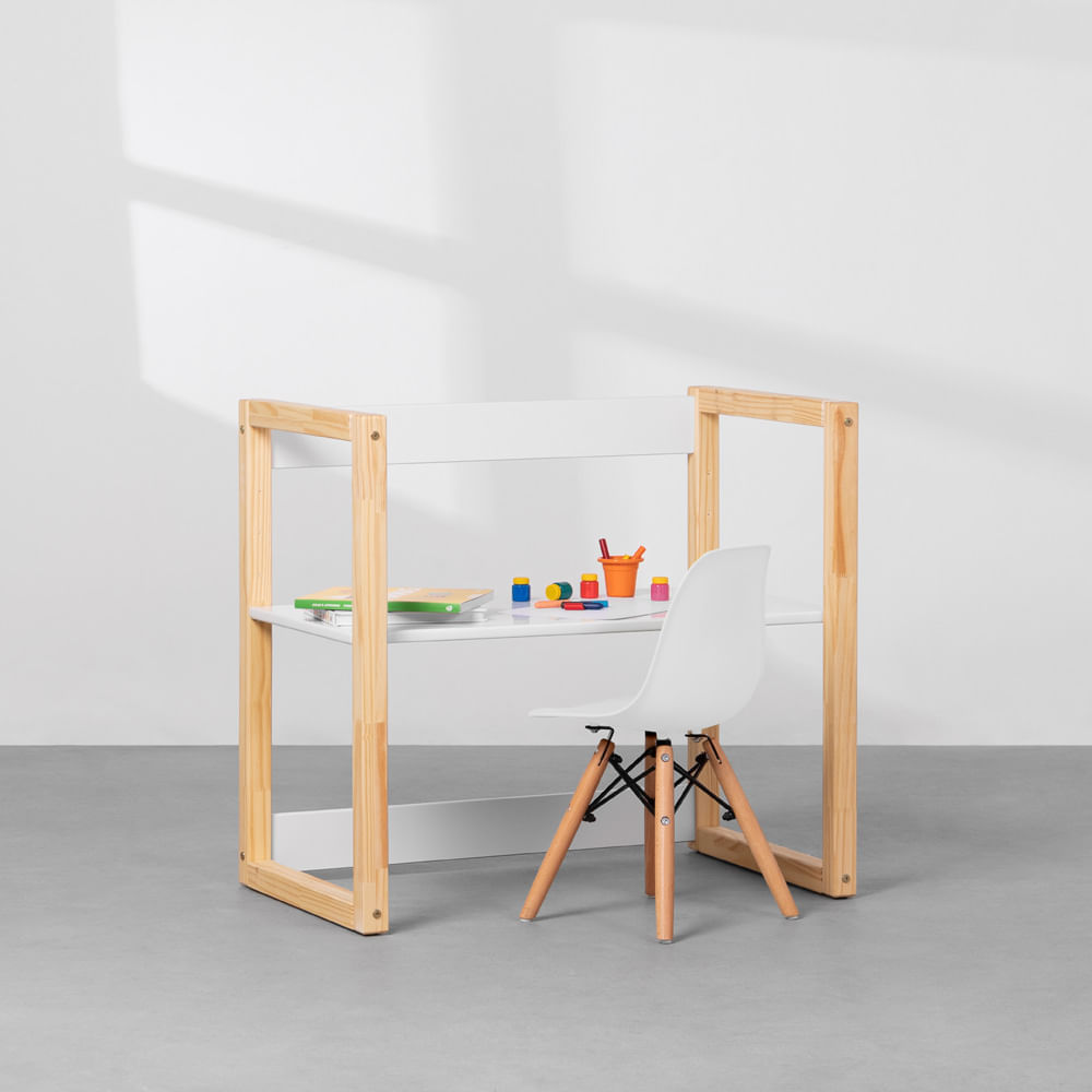 Conjunto Escrivaninha Infantil Noah 80cm + Cadeira Infantil Mia Com Base De Madeira - Branco Fosco